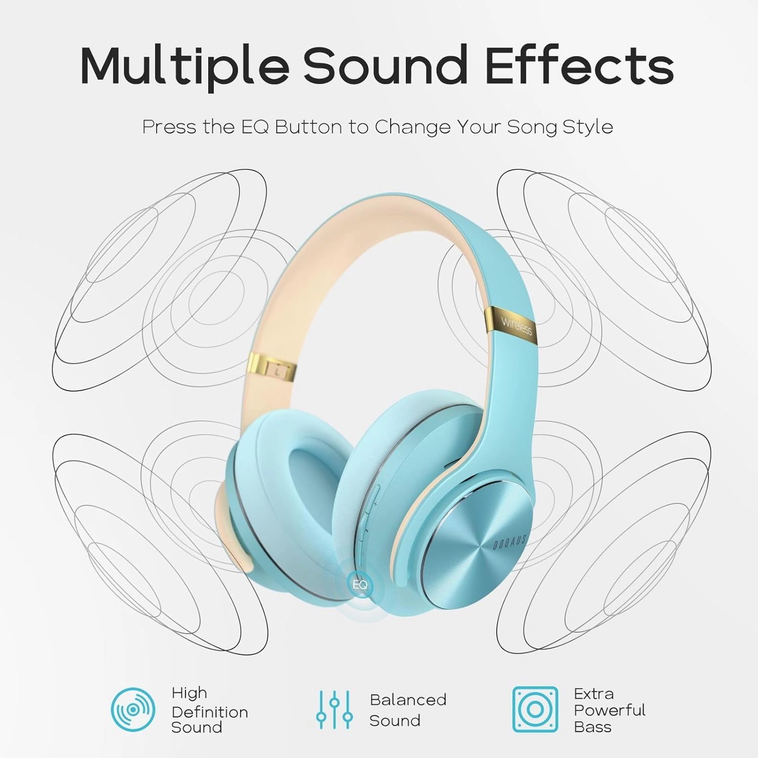 DOQAUS Bluetooth Headphones Over Ear, 90 Hours Playtime Wireless Headphone with 3 EQ Modes, Noise Isolating HiFi Stereo with Deep Bass, Microphone, Soft Earpads for Cellphone/PC