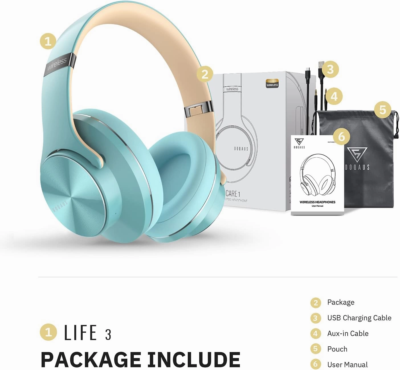 DOQAUS Bluetooth Headphones Over Ear, 90 Hours Playtime Wireless Headphone with 3 EQ Modes, Noise Isolating HiFi Stereo with Deep Bass, Microphone, Soft Earpads for Cellphone/PC