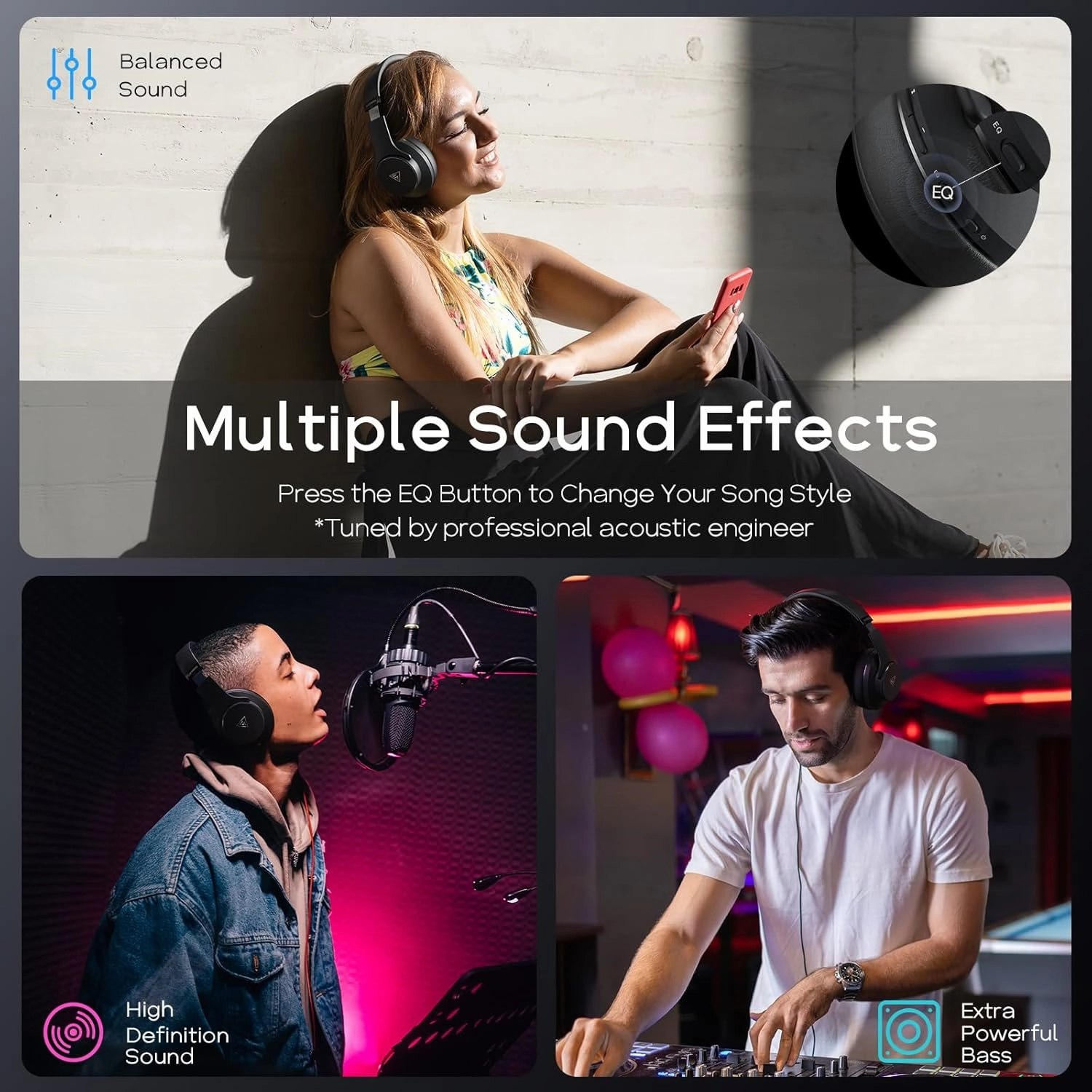 DOQAUS Bluetooth Headphones Over Ear Wireless Headphone, 90H Playtime and 3EQ Modes with Mic, HiFi Stereo Sound, Deep Bass, Memory Foam Cups, for Phone PC Travel Home Office