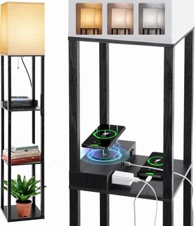 Dott Arts Floor Lamp with Shelves, Shelf Lamp with Wireless Charger & USB A C Ports & 2 AC Outlets,3 Color Temperature Corner Tall Standing Floor Lamps for Living Room, Bedroom, Office (Black)