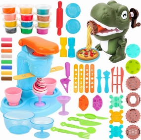Dough Sets for Kids Ages 4-8, 2 in 1 Art Crafts Ice Cream Set with 12 Colors Dough, Dinosaur Noodle Maker with Food Model, Kitchen Toy Color Dough Set for Making Noodles Cookie, Gift for Girls Boys