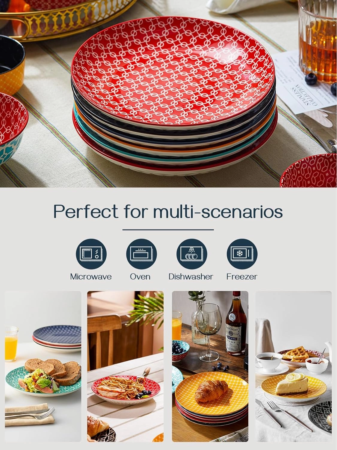 DOWAN 8.5" Salad Plates Set of 6, Ceramic Dessert Plate for Appetizer, Sushi, Microwave, Oven & Dishwasher Safe, Colorful Design Perfect for Party, Wedding, Birthday, Mothers Day Gifts