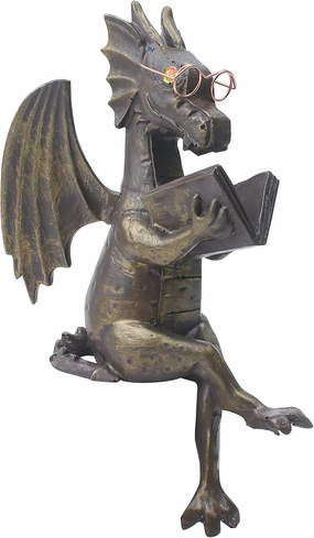 Dragon Reading Book Statue Figurine Sculpture, Wearing Metal Glass Dinosaur Mini Cute Small Creative Ornament for Garden Bookshelf Decorations Adult Shelf Home Landscaping Outdoor Desktop Housewarming