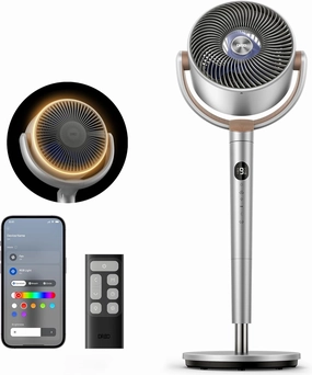 Dreo Smart Fans for Bedroom, 120°  120° Omni-Directional Oscillating Fan, 90ft Quiet Pedestal Fan with RGB Light, 9 Speeds, 6 Modes, 20dB, 8H Timer, Wi-Fi/Voice, 37-42" Floor Fans with Remote, Silver