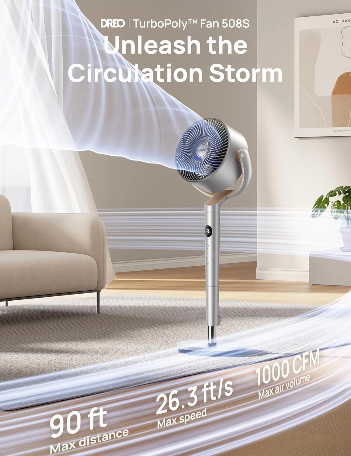 Dreo Smart Fans for Bedroom, 120°  120° Omni-Directional Oscillating Fan, 90ft Quiet Pedestal Fan with RGB Light, 9 Speeds, 6 Modes, 20dB, 8H Timer, Wi-Fi/Voice, 37-42" Floor Fans with Remote, Silver