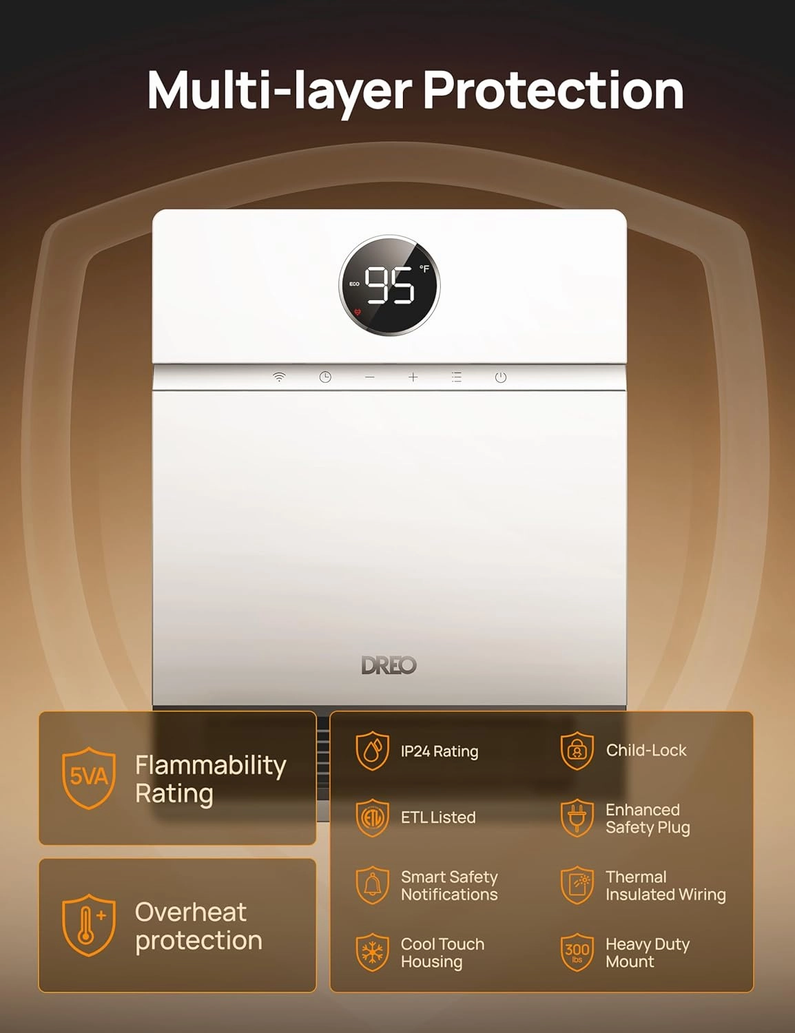 Dreo Smart Wall Heater, IP24 Electric PTC Space for Indoor Use, 30 Oscillation, Adjustable Thermostat, Remote Control, Works With Alexa, 24H Timer, Easy-Mounted for Bedroom, Office
