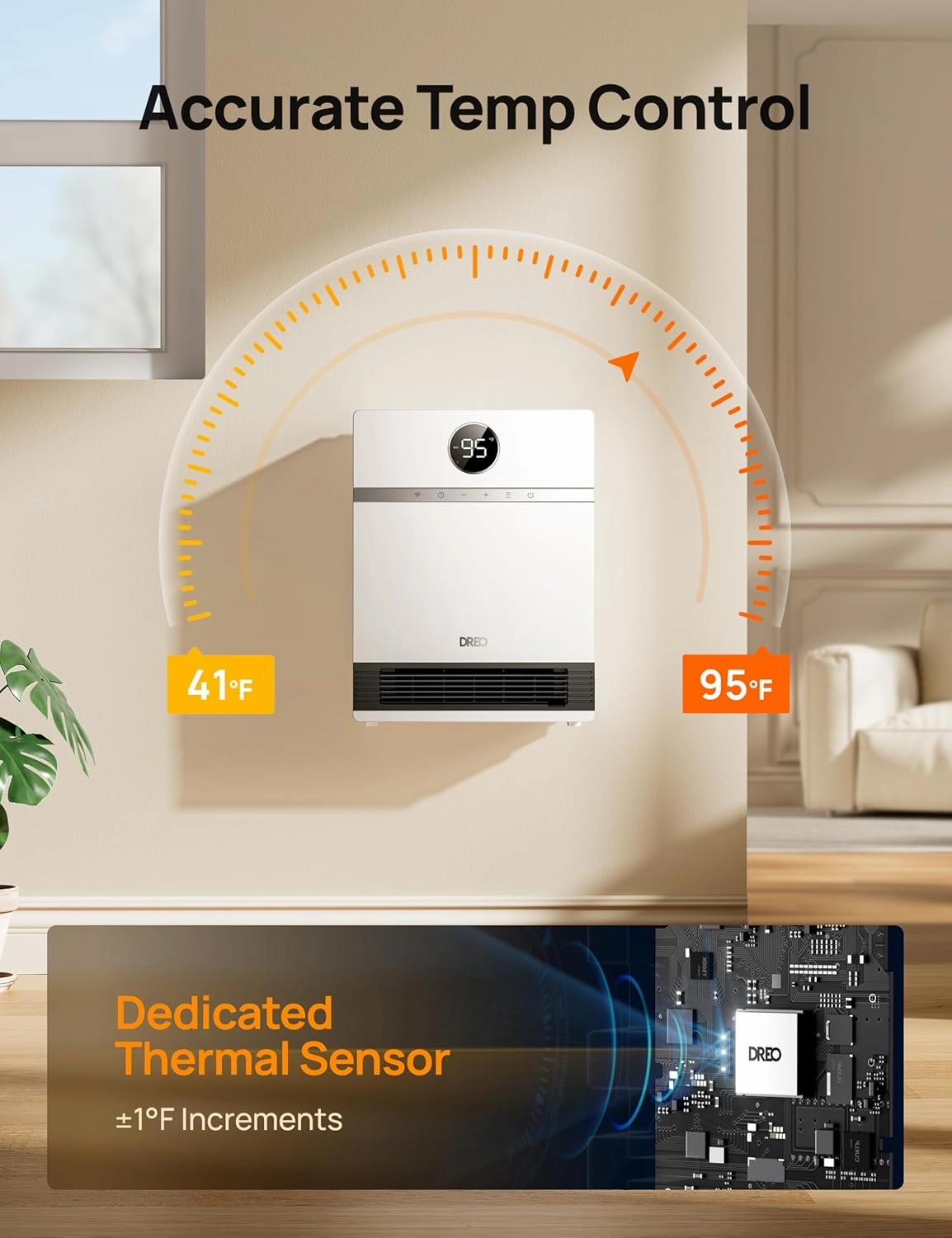 Dreo Smart Wall Heater, IP24 Electric PTC Space for Indoor Use, 30 Oscillation, Adjustable Thermostat, Remote Control, Works With Alexa, 24H Timer, Easy-Mounted for Bedroom, Office