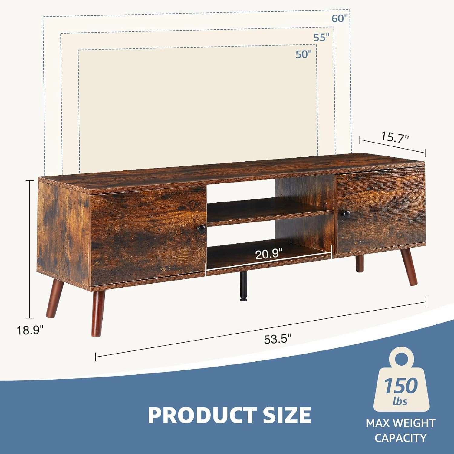 DUMOS TV Stand for 55 60 inch TV, Entertainment Center with Storage Cabinet, Mid Century Modern Media Console Table, Adjustable Hinge, Wooden Television Furniture for Living Room, Office