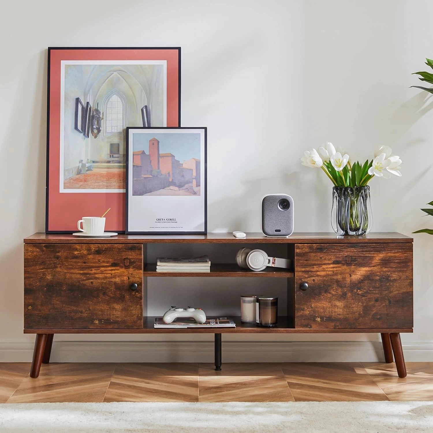 DUMOS TV Stand for 55 60 inch TV, Entertainment Center with Storage Cabinet, Mid Century Modern Media Console Table, Adjustable Hinge, Wooden Television Furniture for Living Room, Office
