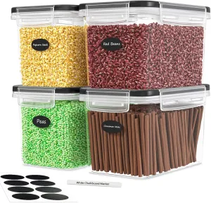 DWËLLZA KITCHEN Airtight Food Storage Container Set - 4 Pieces 3.6L - Plastic BPA Free Kitchen Pantry Storage Containers - Dishwasher Safe - Include 8 Labels and Marker - Keeps Food Fresh & Dry