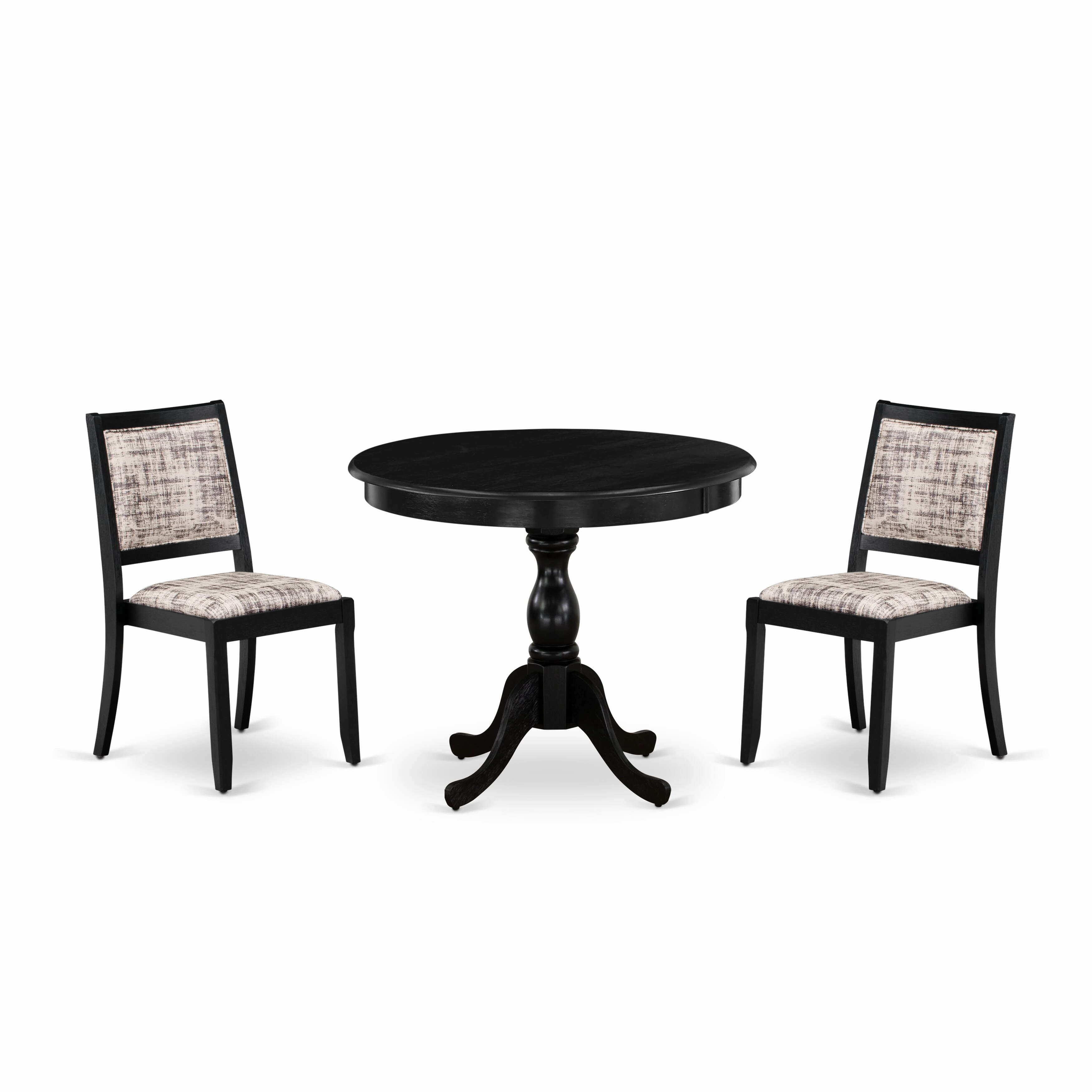 East West Furniture AMX23-ABK-30 -3 Piece Dining Set Includes a Round Kitchen Table with Wire Brushed Black Tabletop & 2 Stackable Faux Leather Chairs, Wire Brushed Black