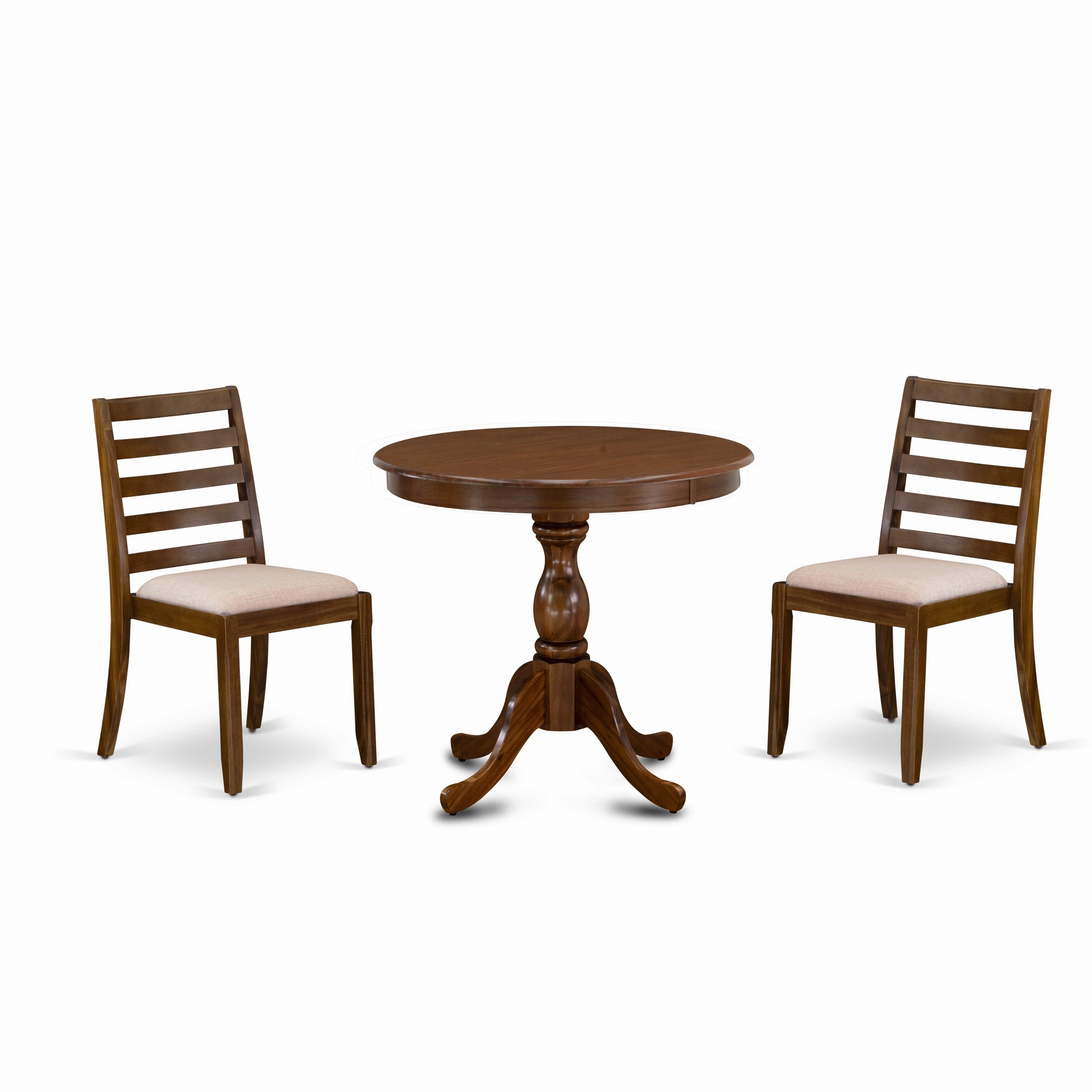 East West Furniture ASX13-AWA-04 -3 Piece Dining Set Includes a Round Kitchen Table with Antique Walnut Tabletop and 2 Stackable Linen Fabric Chairs, Antique Walnut