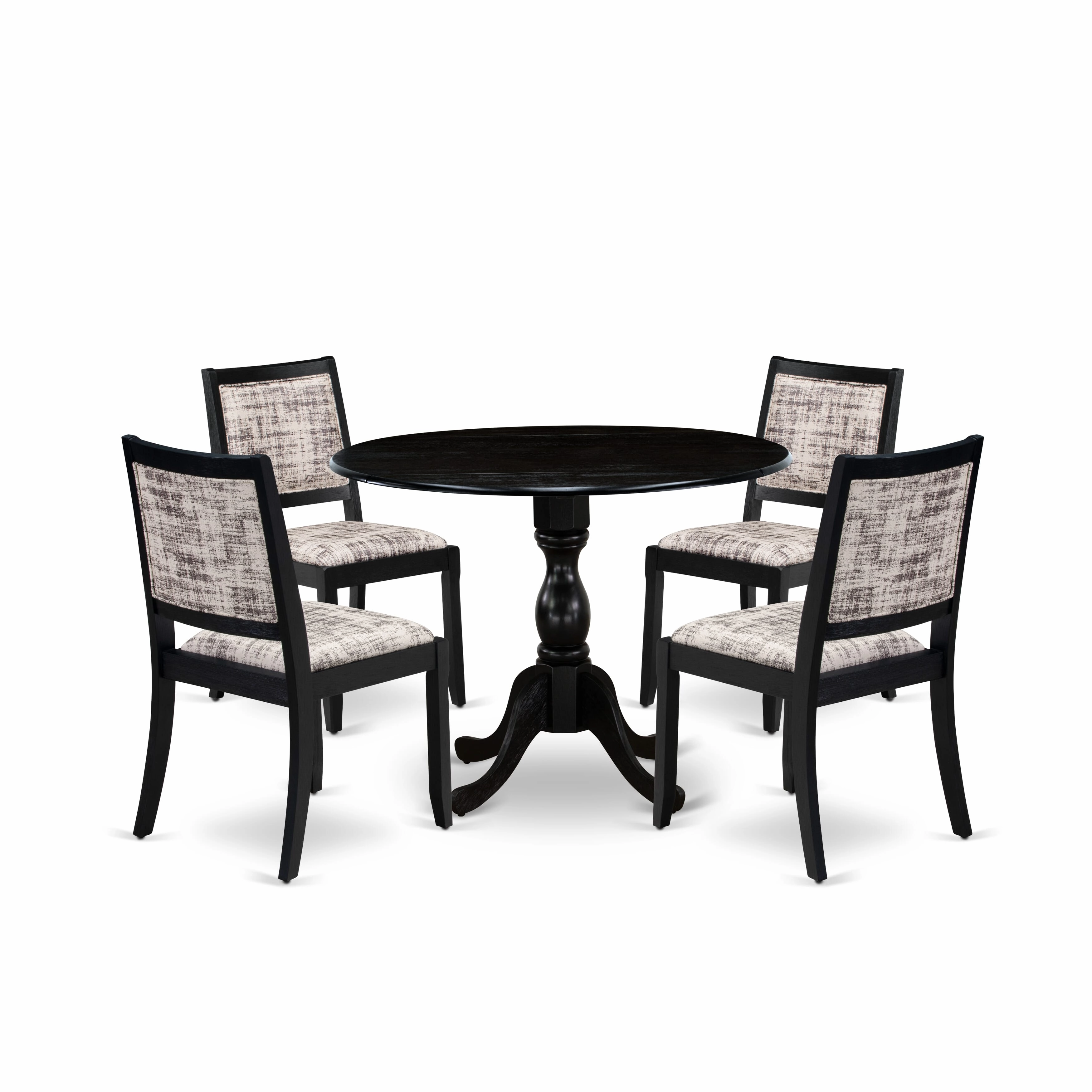 East West Furniture DMX25-ABK-30 -5 Piece Dining Set Includes a Round Kitchen Table with Wire Brushed Black Tabletop & 4 Stackable Linen Fabric Chairs, Wire Brushed Black