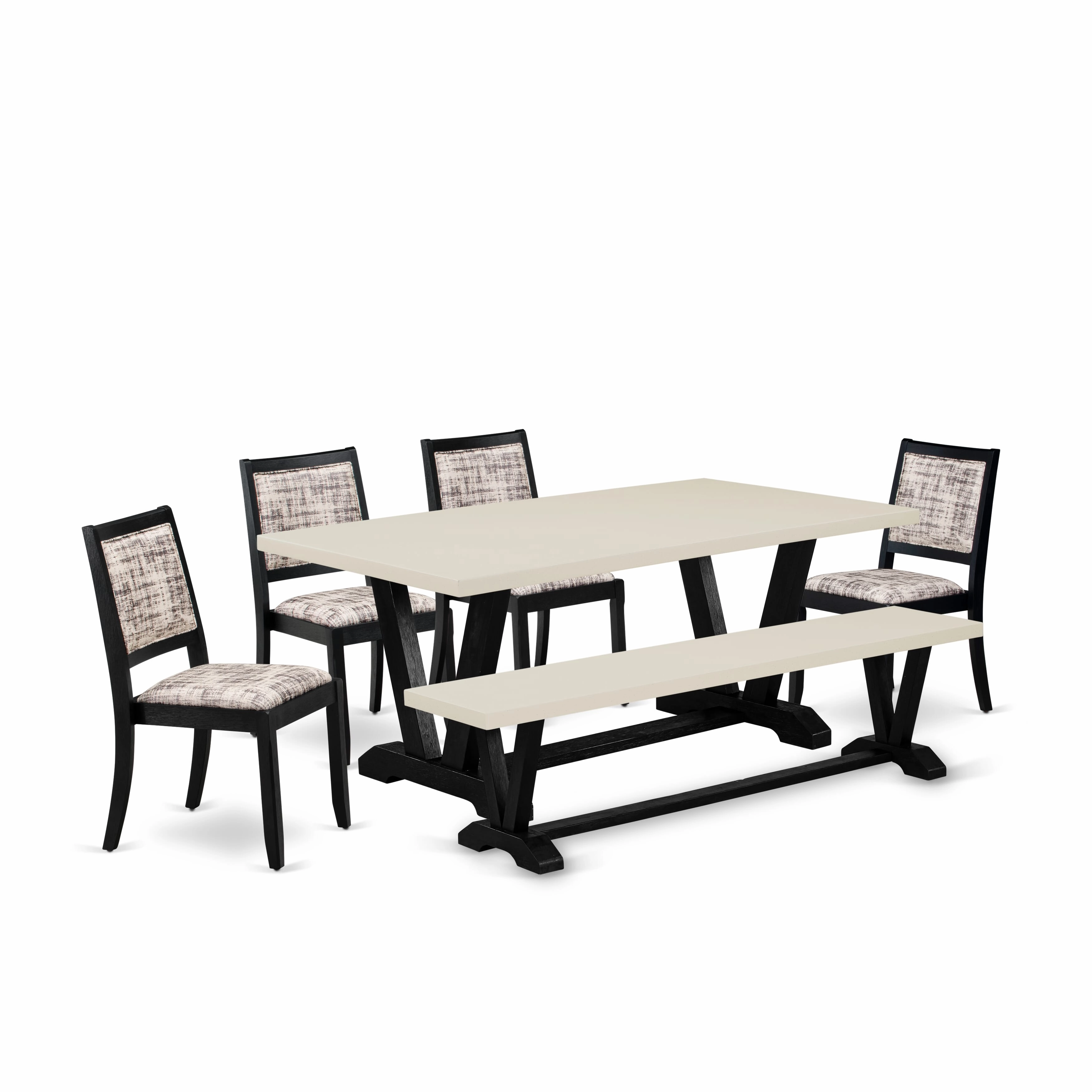 East West Furniture V627X2630-6 - 6-piece dining set consists of a dinner table & a Bench with Linen White tabletop & 4 stackable chairs with White and Gray Pattern Faux Leather - Wire-brushed Black