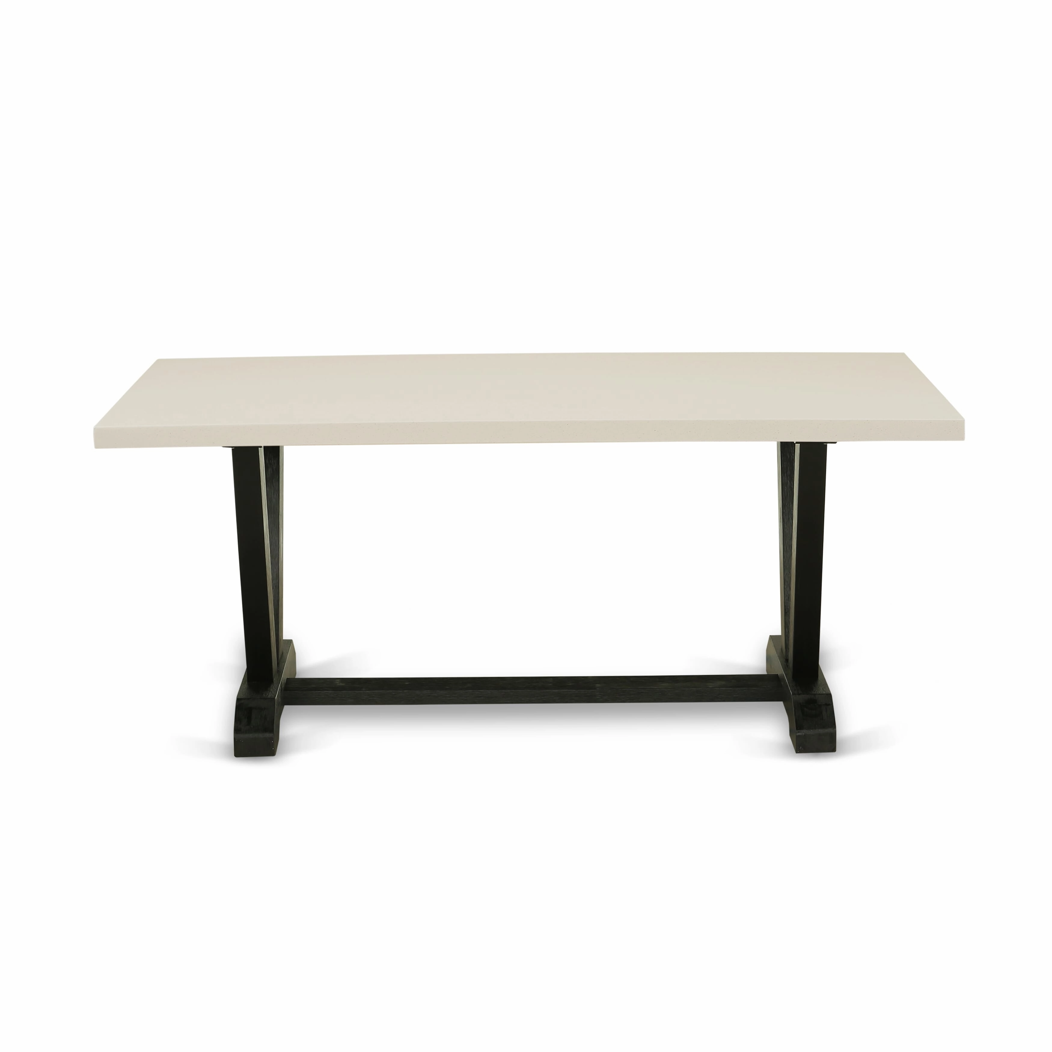 East West Furniture V627X2630-6 - 6-piece dining set consists of a dinner table & a Bench with Linen White tabletop & 4 stackable chairs with White and Gray Pattern Faux Leather - Wire-brushed Black