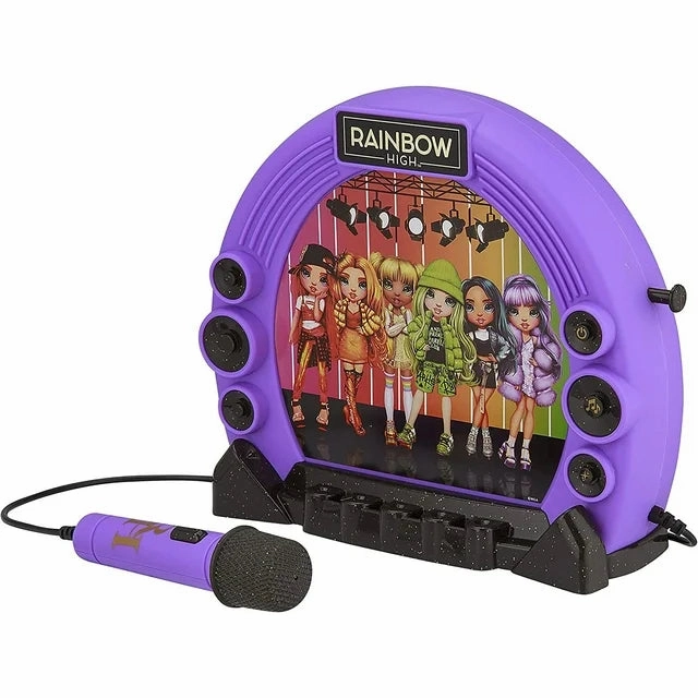 eKids Rainbow High Sing Along Boom Box Speaker with Microphone for Fans of Rainbow High Toys, Kids Karaoke Machine with Built in Music and Flashing Lights