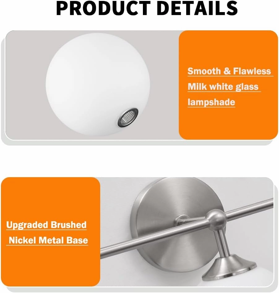 Elagant Modern Brushed Nickel Bathroom Vanity Lights, 3-Lights Bathroom Light Fixtures with Milky White Globe Glass Shade, Bathroom Wall Sconces Light over Mirror Dressing Table Bedroom Living Room