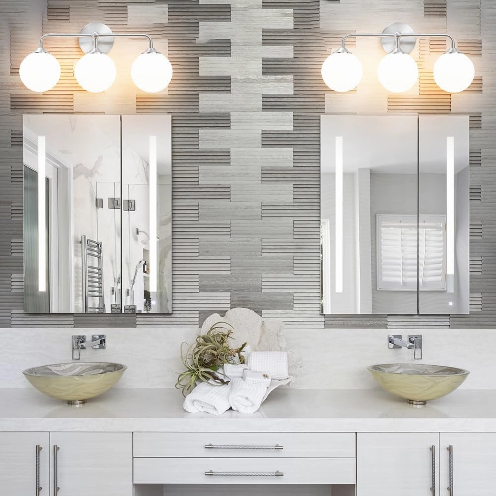 Elagant Modern Brushed Nickel Bathroom Vanity Lights, 3-Lights Bathroom Light Fixtures with Milky White Globe Glass Shade, Bathroom Wall Sconces Light over Mirror Dressing Table Bedroom Living Room