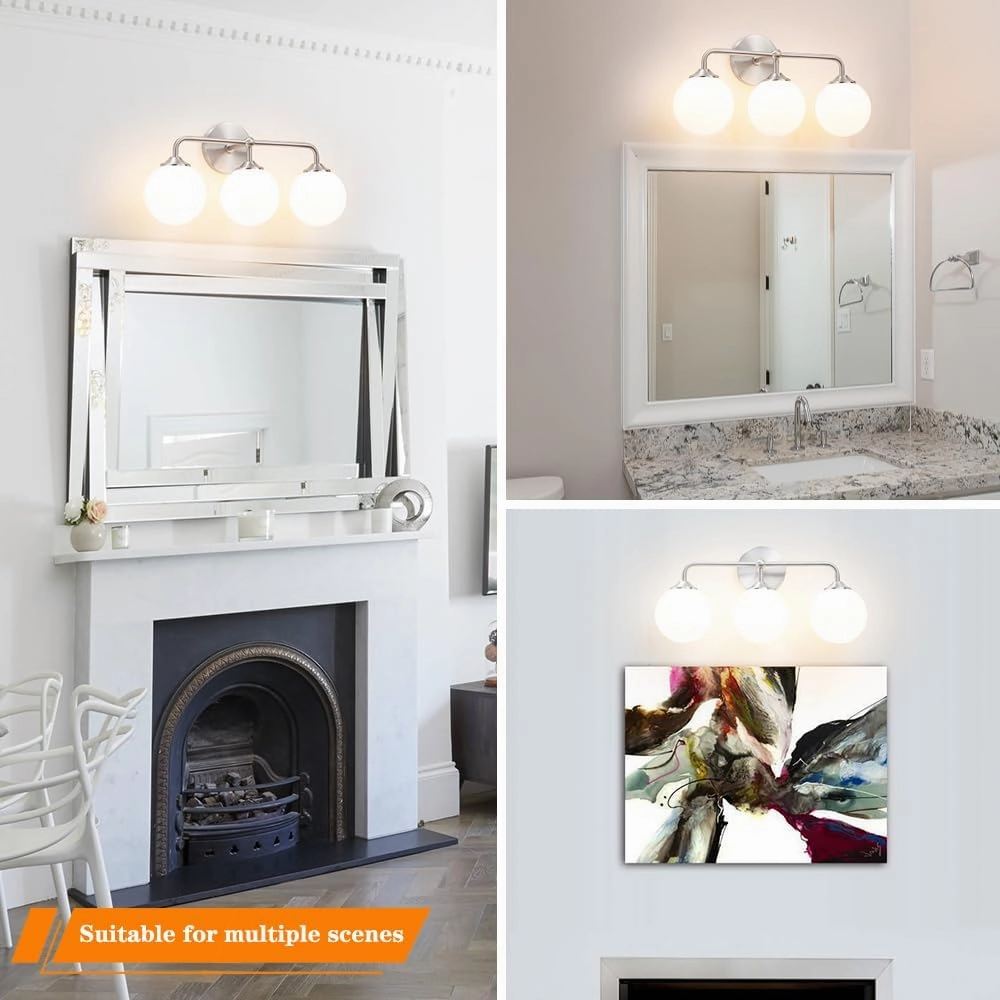 Elagant Modern Brushed Nickel Bathroom Vanity Lights, 3-Lights Bathroom Light Fixtures with Milky White Globe Glass Shade, Bathroom Wall Sconces Light over Mirror Dressing Table Bedroom Living Room