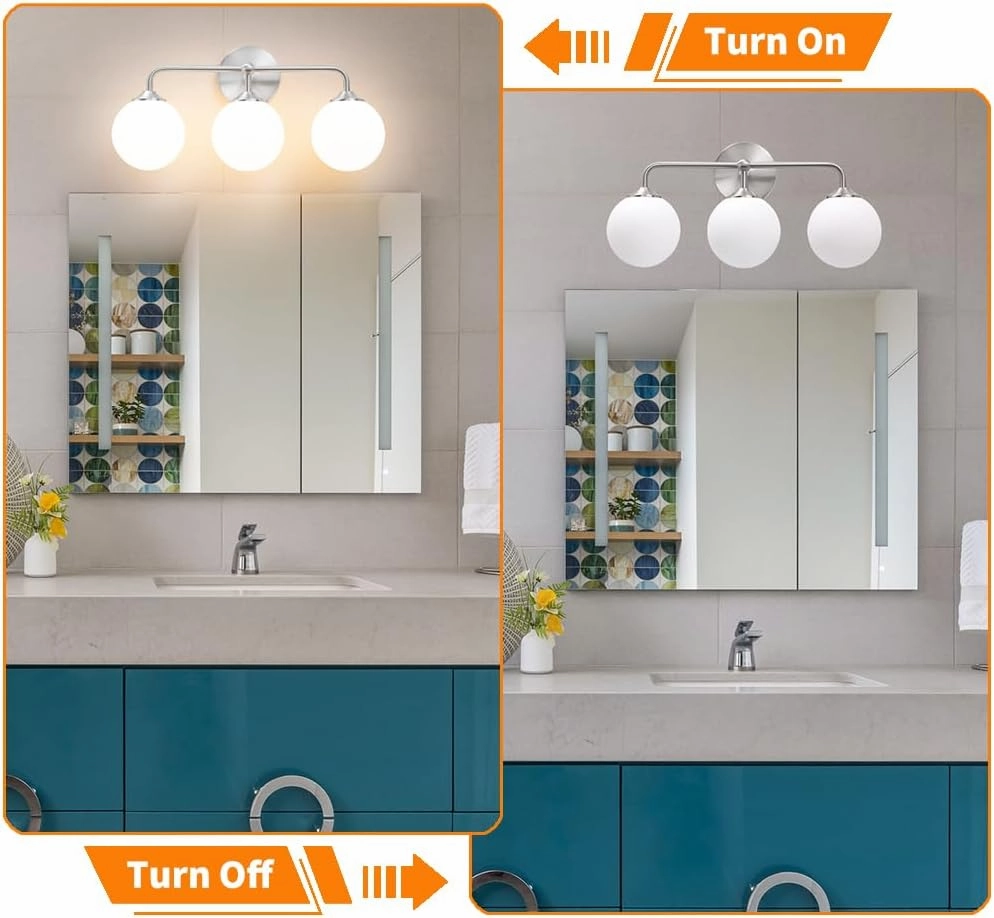Elagant Modern Brushed Nickel Bathroom Vanity Lights, 3-Lights Bathroom Light Fixtures with Milky White Globe Glass Shade, Bathroom Wall Sconces Light over Mirror Dressing Table Bedroom Living Room