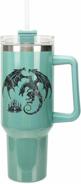 Elanze Designs Majestic Flying Dragon 40 oz. Stainless Steel, Large Water Bottle Coffee Mug, Spill & Leak Resistant, Thermal Travel Tumbler with Handle, Lid & Straw, Teal