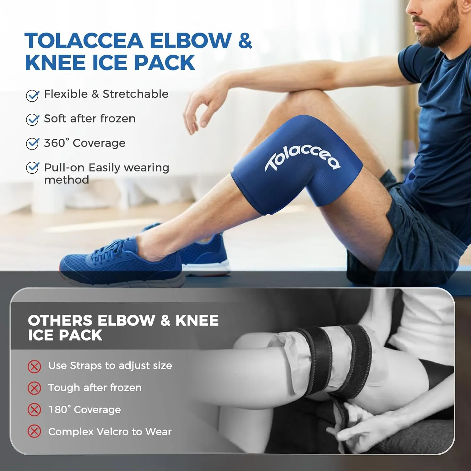 Elbow and Knee Ice Pack - Cold Ice Sleeve with Reusable Gel & Cold Therapy Compression for Knee, Shin Splints, Calf Strain, Flexible Ice Pack for Tennis Elbow, Tendinitis (Large (Pack of 1), Blue)