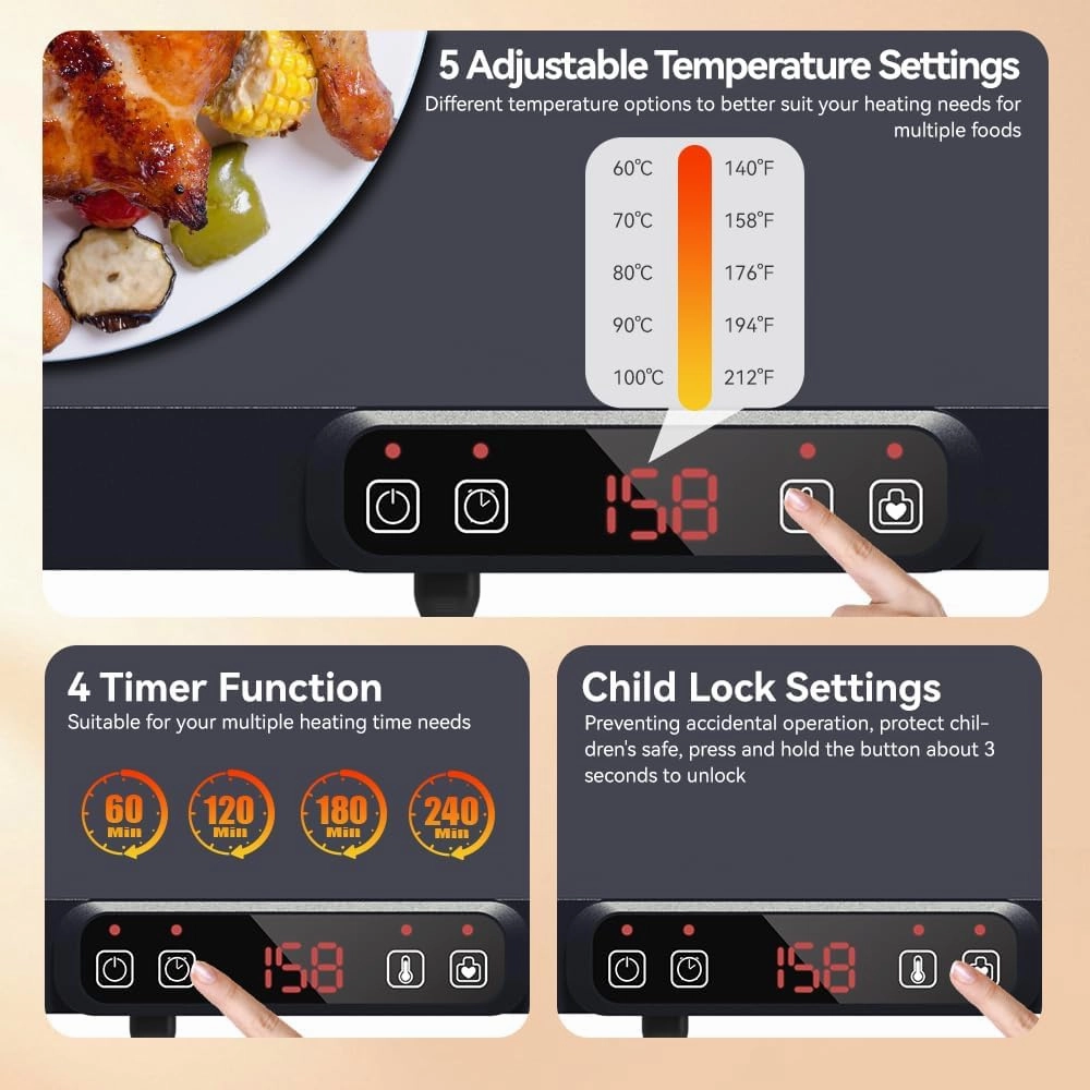 Electric Warming Tray, Fast Full Surface Heating Food Warming Mat, Portable Silicone Warmer with 5 Adjustable Temperature & Auto Shut-Off, Foldable Food Warmer for Parties, Gatherings, Daily Use