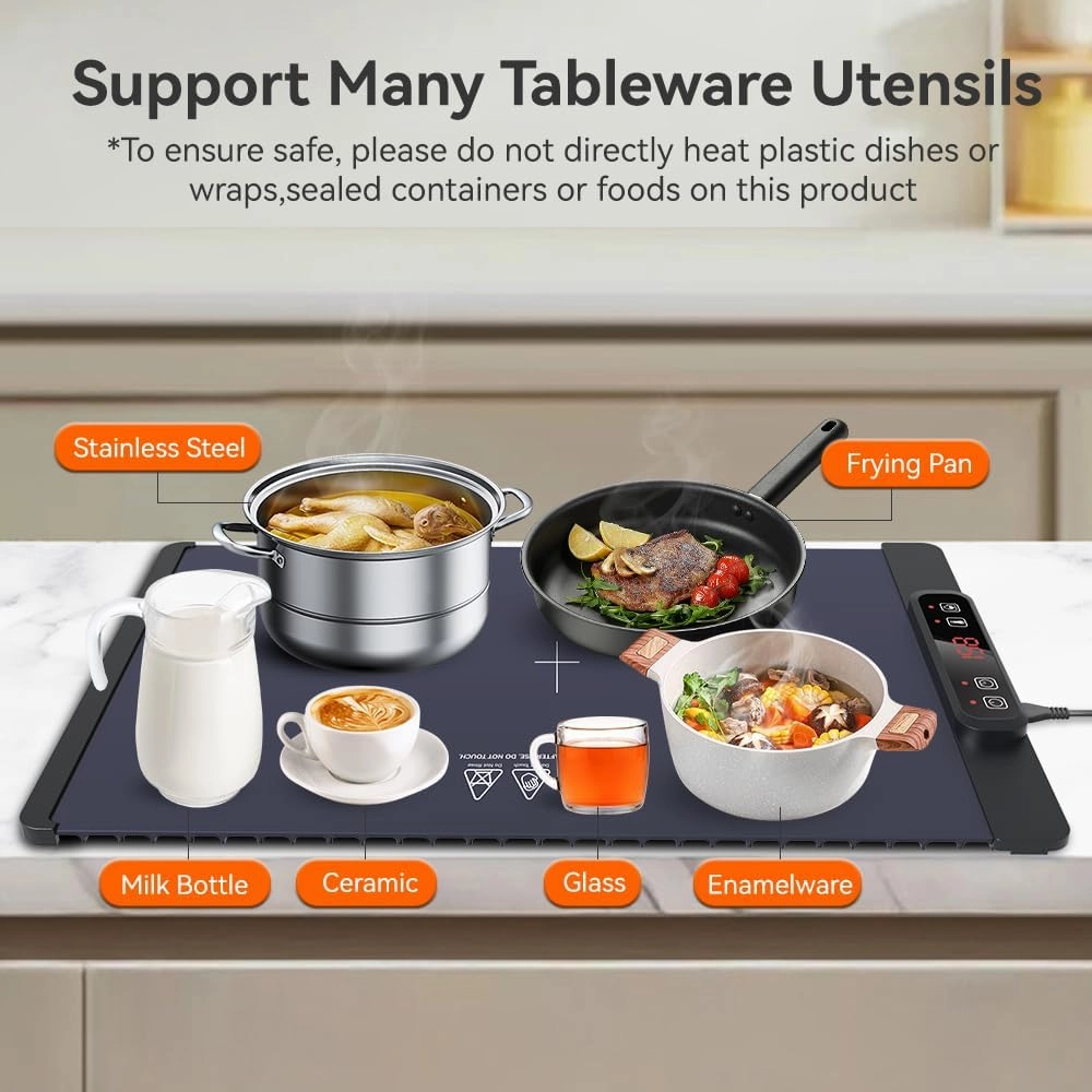 Electric Warming Tray, Fast Full Surface Heating Food Warming Mat, Portable Silicone Warmer with 5 Adjustable Temperature & Auto Shut-Off, Foldable Food Warmer for Parties, Gatherings, Daily Use