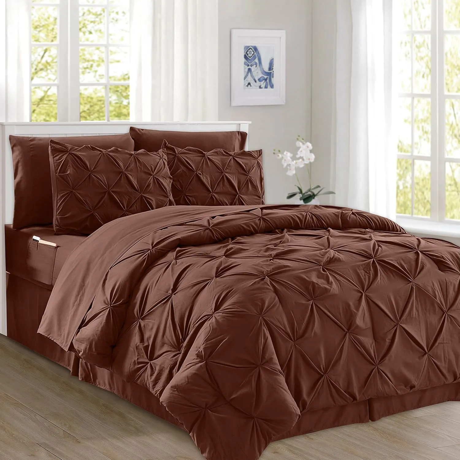 Elegant Comfort 8-Piece Pinch Pleated Comforter Set-All Season Complete Bed in a Bag, Includes 4pc Smart Sheet Set, Bed Skirt, Comforter, Matching Pillowcases and Shams, King/Cal King, Chocolate Brown