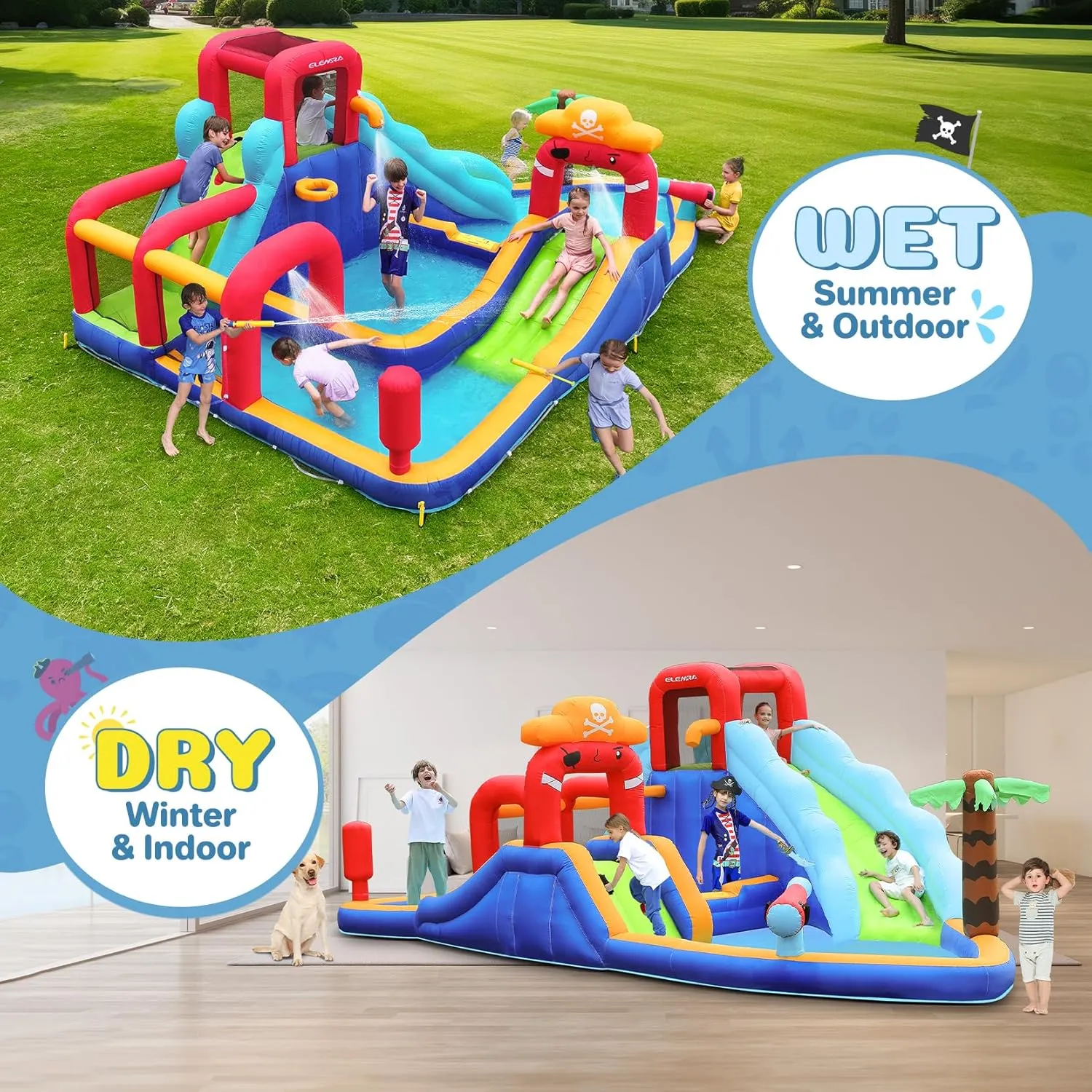 ELEMARA Inflatable Water Slide Bounce House, 10 in 1 Inflatable Water Park with Blower, 2 Slides & 2 Climbing Walls & 2 Water Guns & Giant Deep Pool, Blow up Water Slides for Backyard for 6