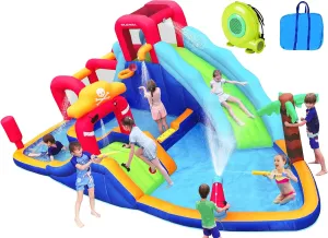 ELEMARA Inflatable Water Slide Bounce House, 10 in 1 Inflatable Water Park with Blower, 2 Slides & 2 Climbing Walls & 2 Water Guns & Giant Deep Pool, Blow up Water Slides for Backyard for 6
