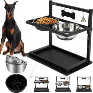 Elevated Slow Feeder Bowls for Large Dogs - Adjustable Height, 2 Stainless Steel Bowls, Spill-Proof Mat - Great for Medium Dogs Too (Black)