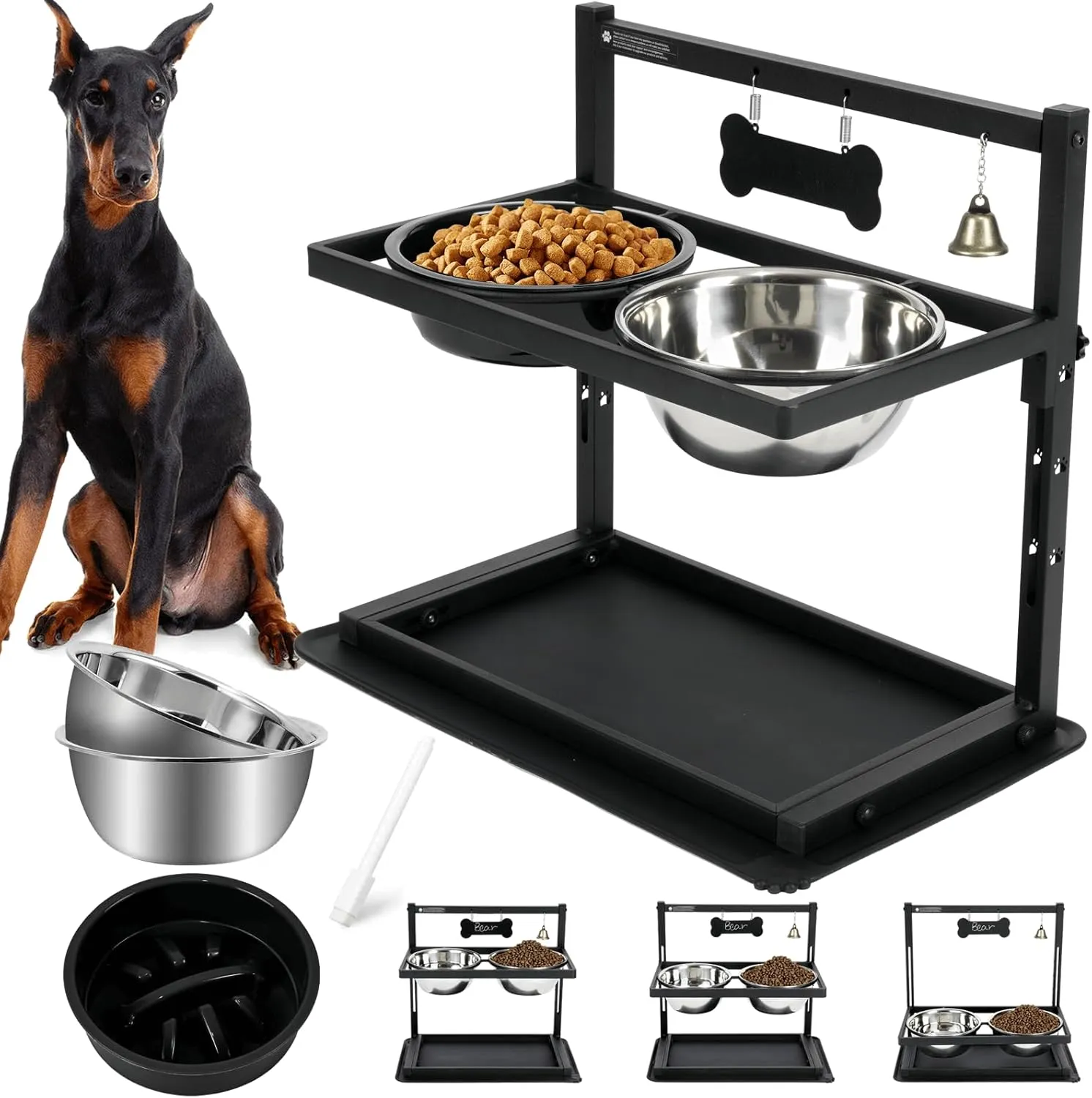 Elevated Slow Feeder Bowls for Large Dogs - Adjustable Height, 2 Stainless Steel Bowls, Spill-Proof Mat - Great for Medium Dogs Too (Black)