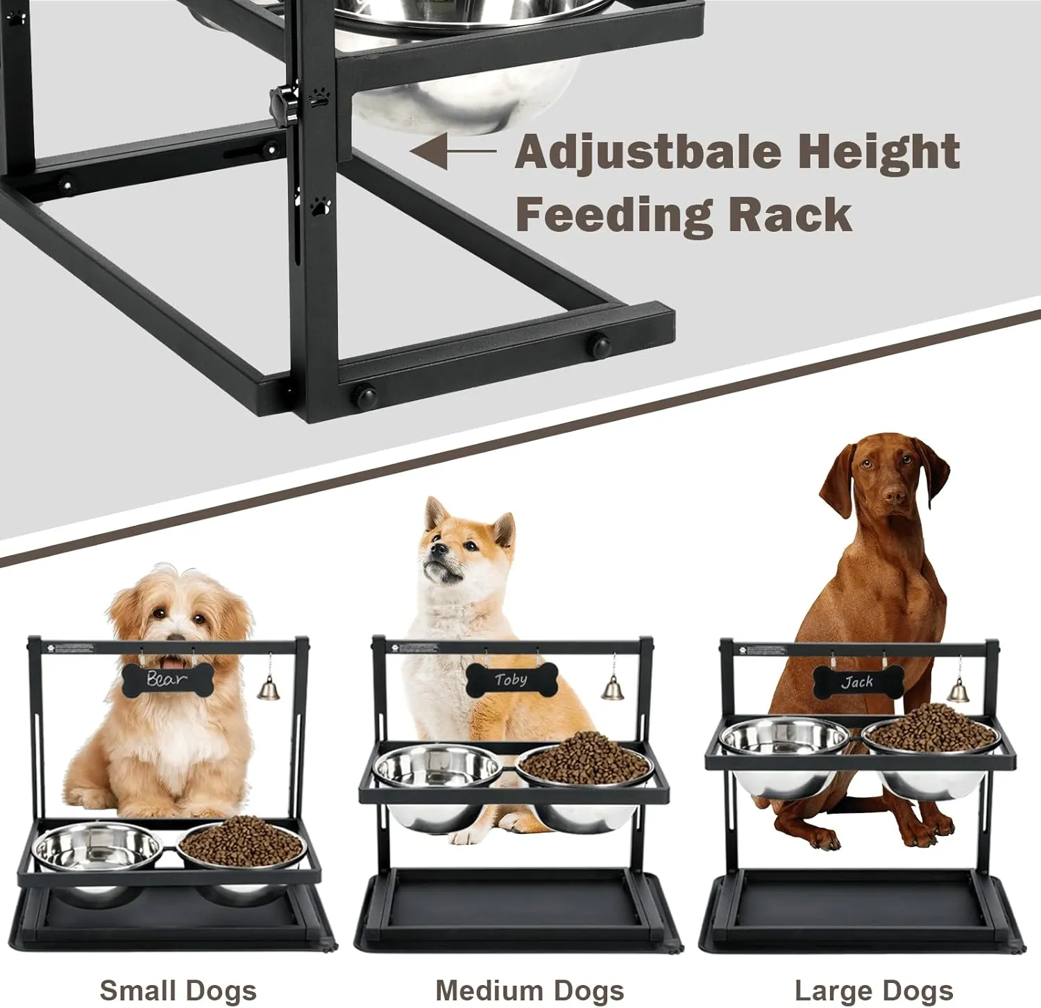 Elevated Slow Feeder Bowls for Large Dogs - Adjustable Height, 2 Stainless Steel Bowls, Spill-Proof Mat - Great for Medium Dogs Too (Black)