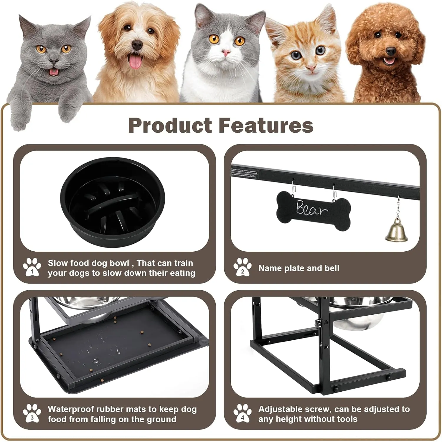 Elevated Slow Feeder Bowls for Large Dogs - Adjustable Height, 2 Stainless Steel Bowls, Spill-Proof Mat - Great for Medium Dogs Too (Black)