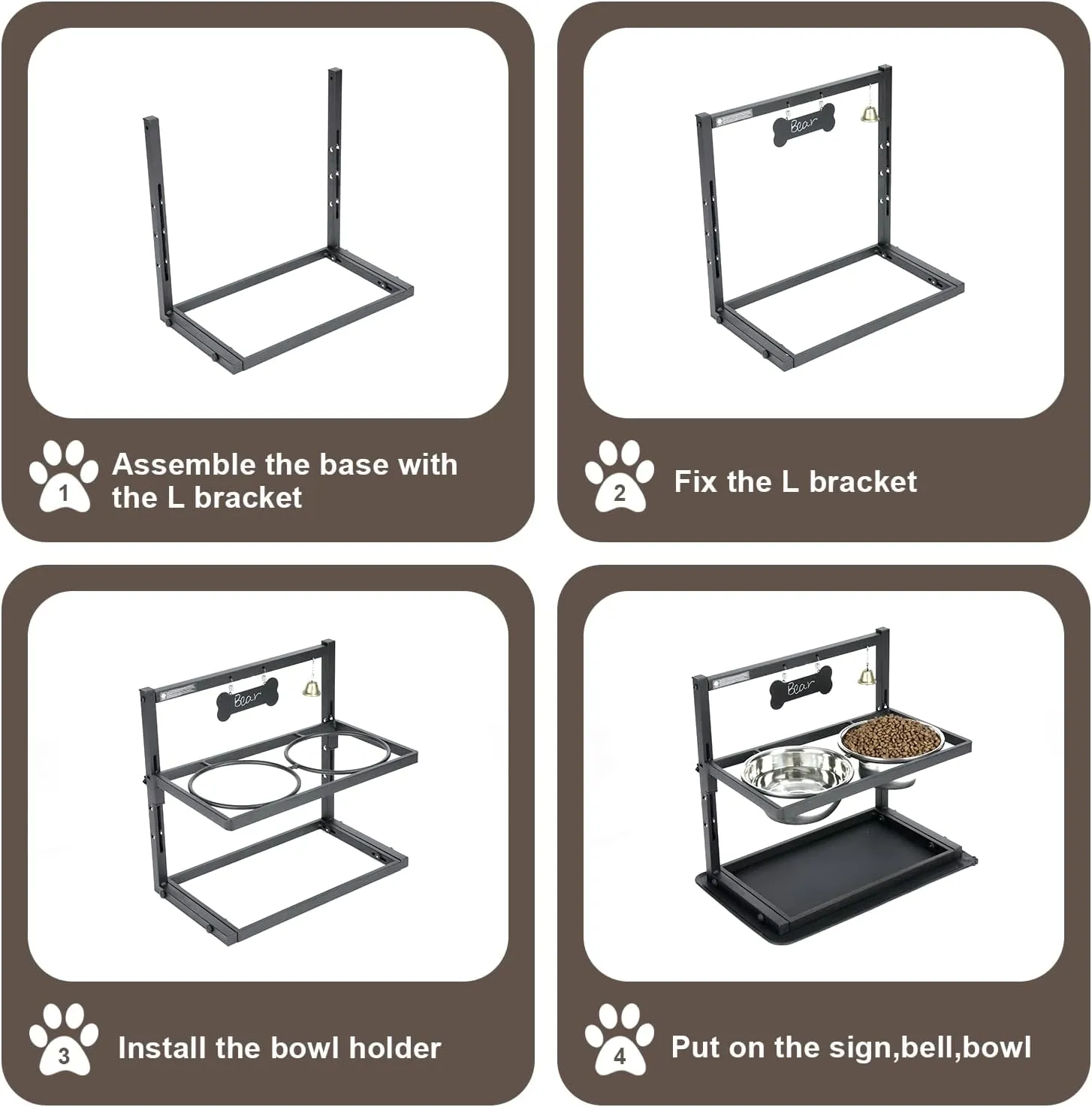 Elevated Slow Feeder Bowls for Large Dogs - Adjustable Height, 2 Stainless Steel Bowls, Spill-Proof Mat - Great for Medium Dogs Too (Black)