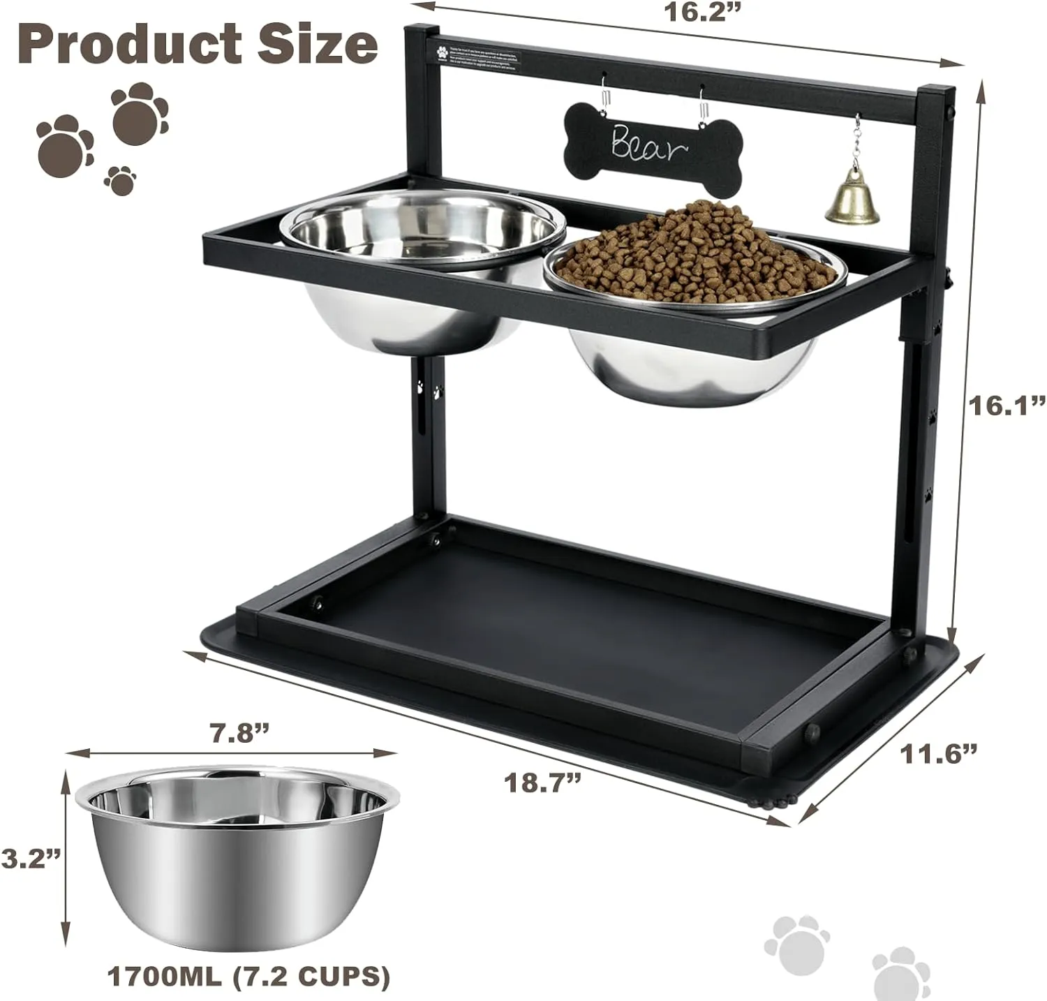 Elevated Slow Feeder Bowls for Large Dogs - Adjustable Height, 2 Stainless Steel Bowls, Spill-Proof Mat - Great for Medium Dogs Too (Black)