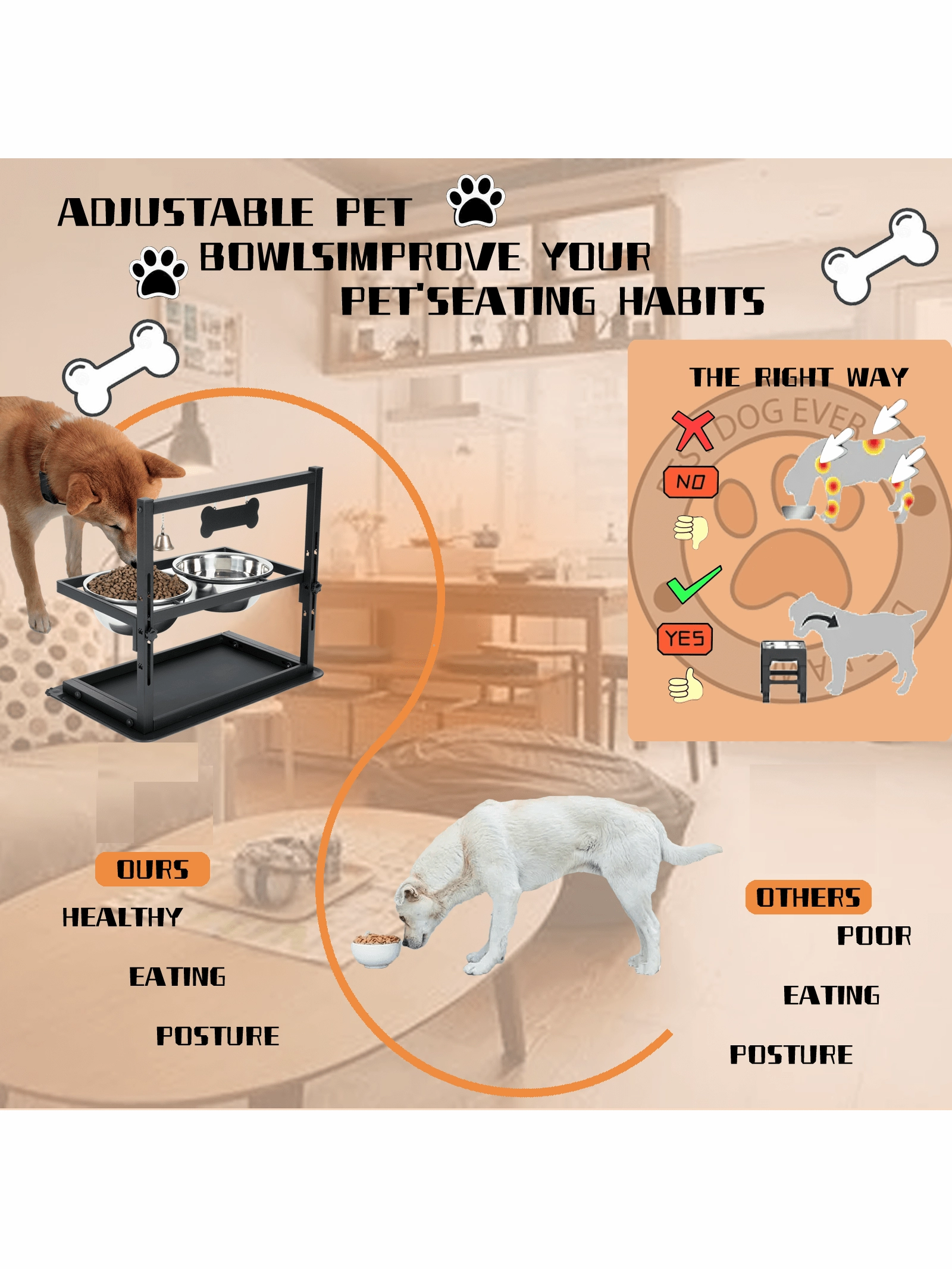 Elevated Dog Bowls For Large Sized Dog,Raised Dog Bowl Stand Adjustable Height With Two 1.7 L Stainless Steel