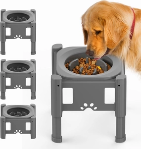 Elevated Slow Feeder Bowls, Adjustable Dog Slow Feeder with 3 Heights (6.1", 7.7", 9.3") Non-Slip Stand for Medium Large Breed Dogs, Grey