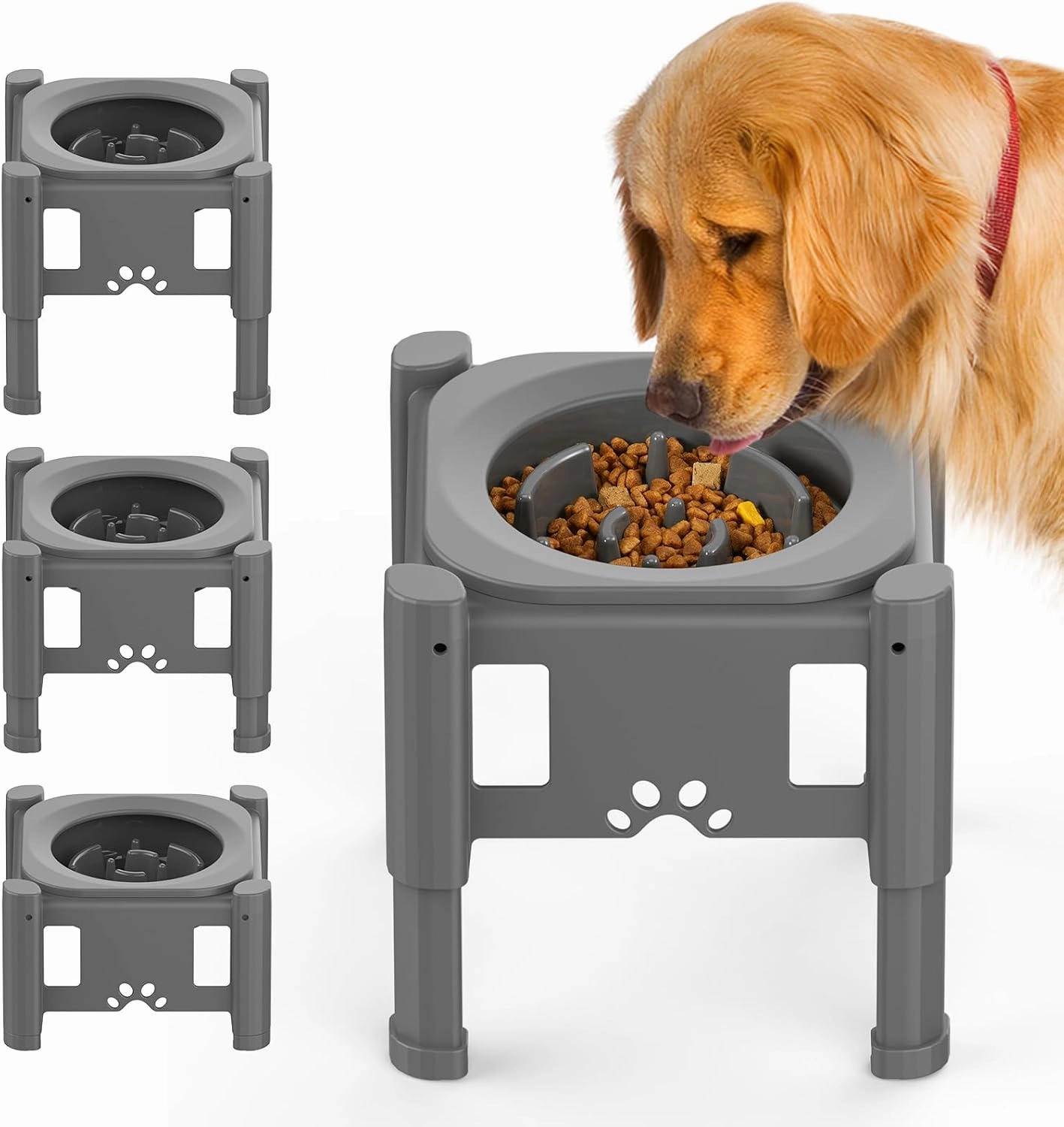 Elevated Slow Feeder Bowls, Adjustable Dog Slow Feeder with 3 Heights (6.1", 7.7", 9.3") Non-Slip Stand for Medium Large Breed Dogs, Grey