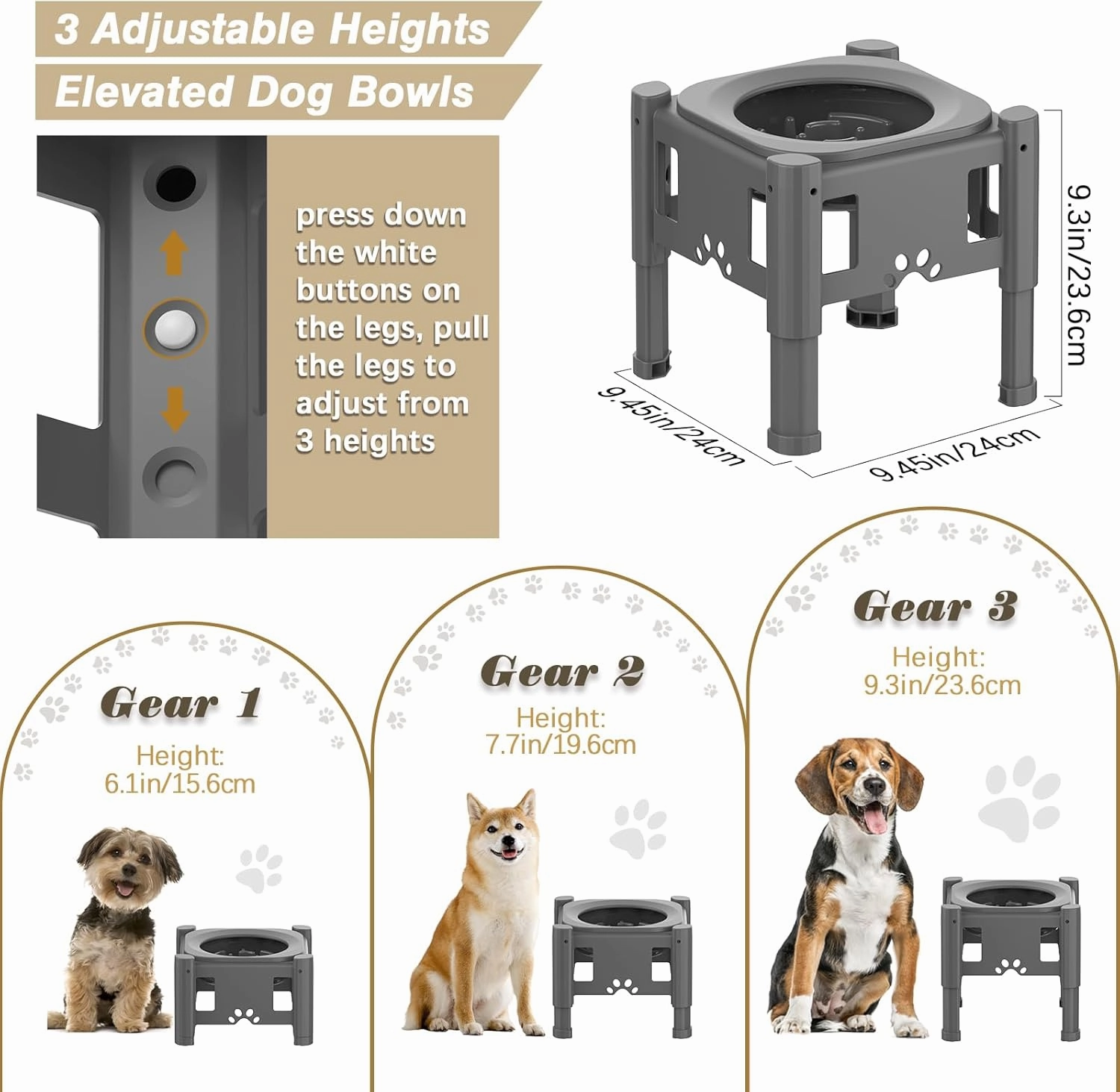 Elevated Slow Feeder Bowls, Adjustable Dog Slow Feeder with 3 Heights (6.1", 7.7", 9.3") Non-Slip Stand for Medium Large Breed Dogs, Grey