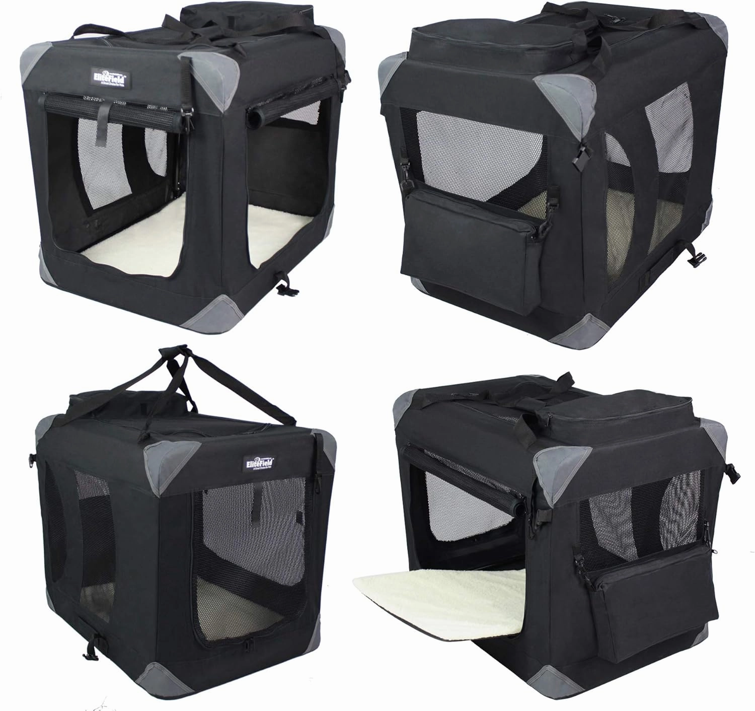 EliteField 3-Door Folding Soft Dog Crate with Carrying Bag and Fleece Bed (2 Year Warranty), Indoor & Outdoor Pet Home (30" L x 21" W x 24" H, Black)