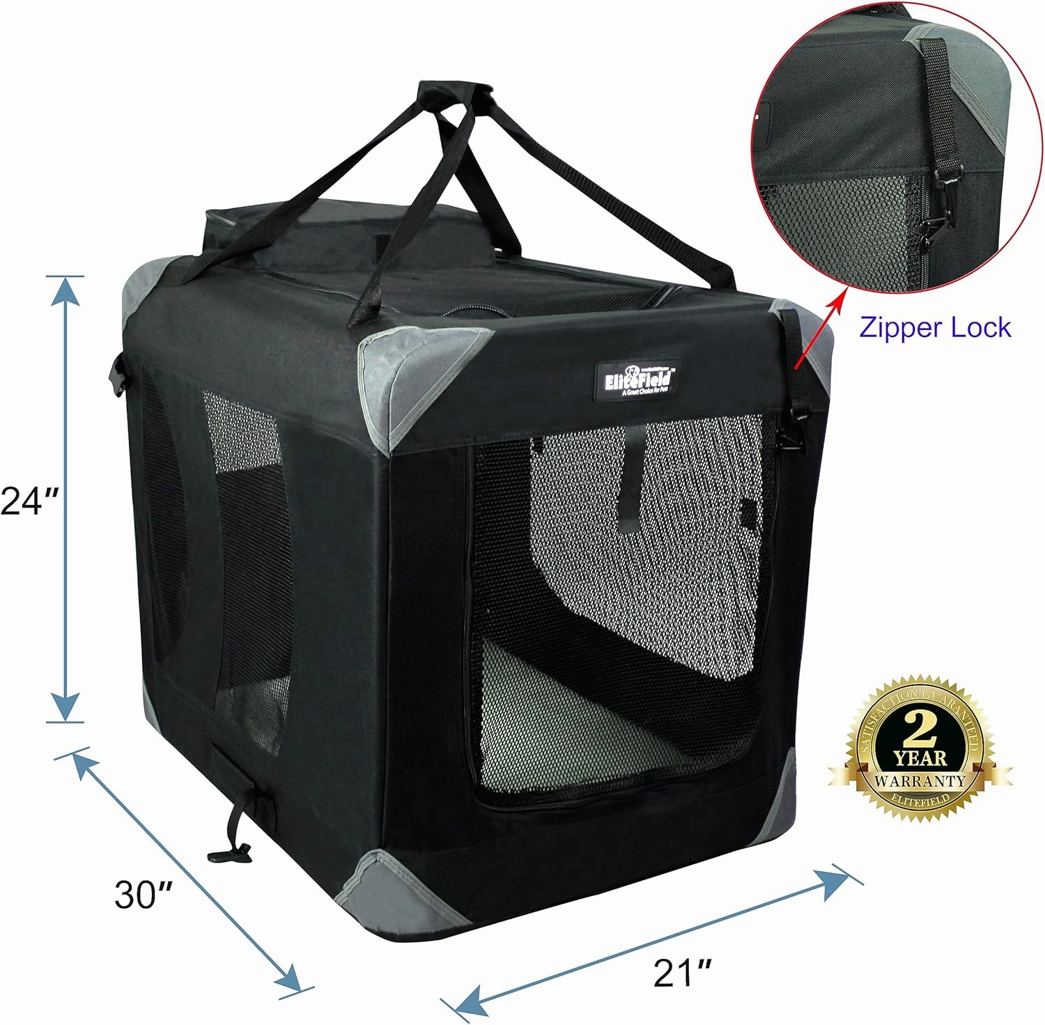 EliteField 3-Door Folding Soft Dog Crate with Carrying Bag and Fleece Bed (2 Year Warranty), Indoor & Outdoor Pet Home (30" L x 21" W x 24" H, Black)