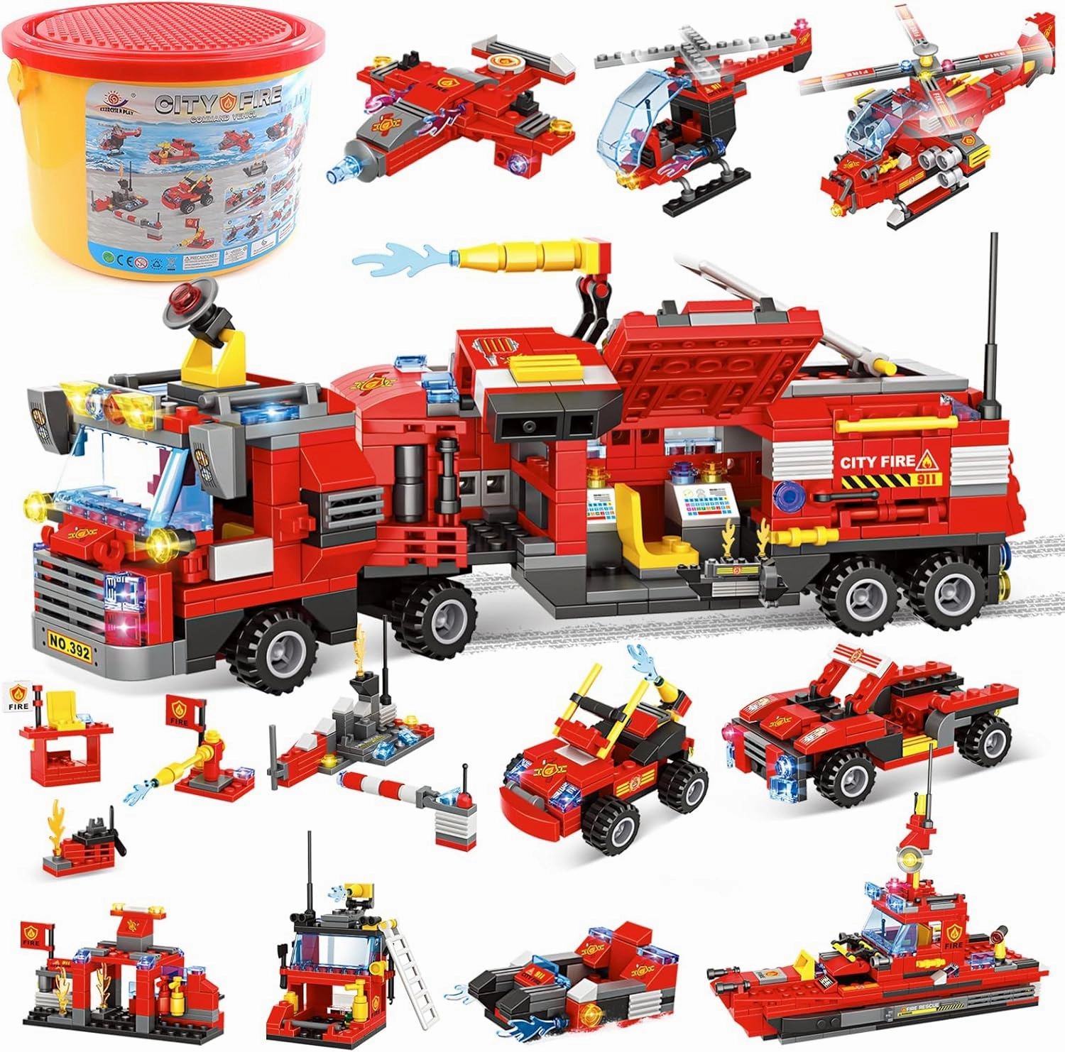 EP EXERCISE N PLAY 1432 Pieces City Fire Truck Building Set, City Fire Mobile Command Center Truck Building Block with Helicopter and Boat, STEM Firetruck Model Building Toys Gift for Boys Age 6-12