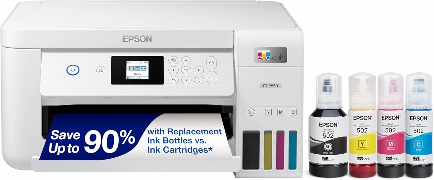 Epson EcoTank ET-2850 Wireless Color All-in-One Cartridge-Free Supertank Printer with Scan, Copy and Auto 2-sided Printing - White (Renewed)