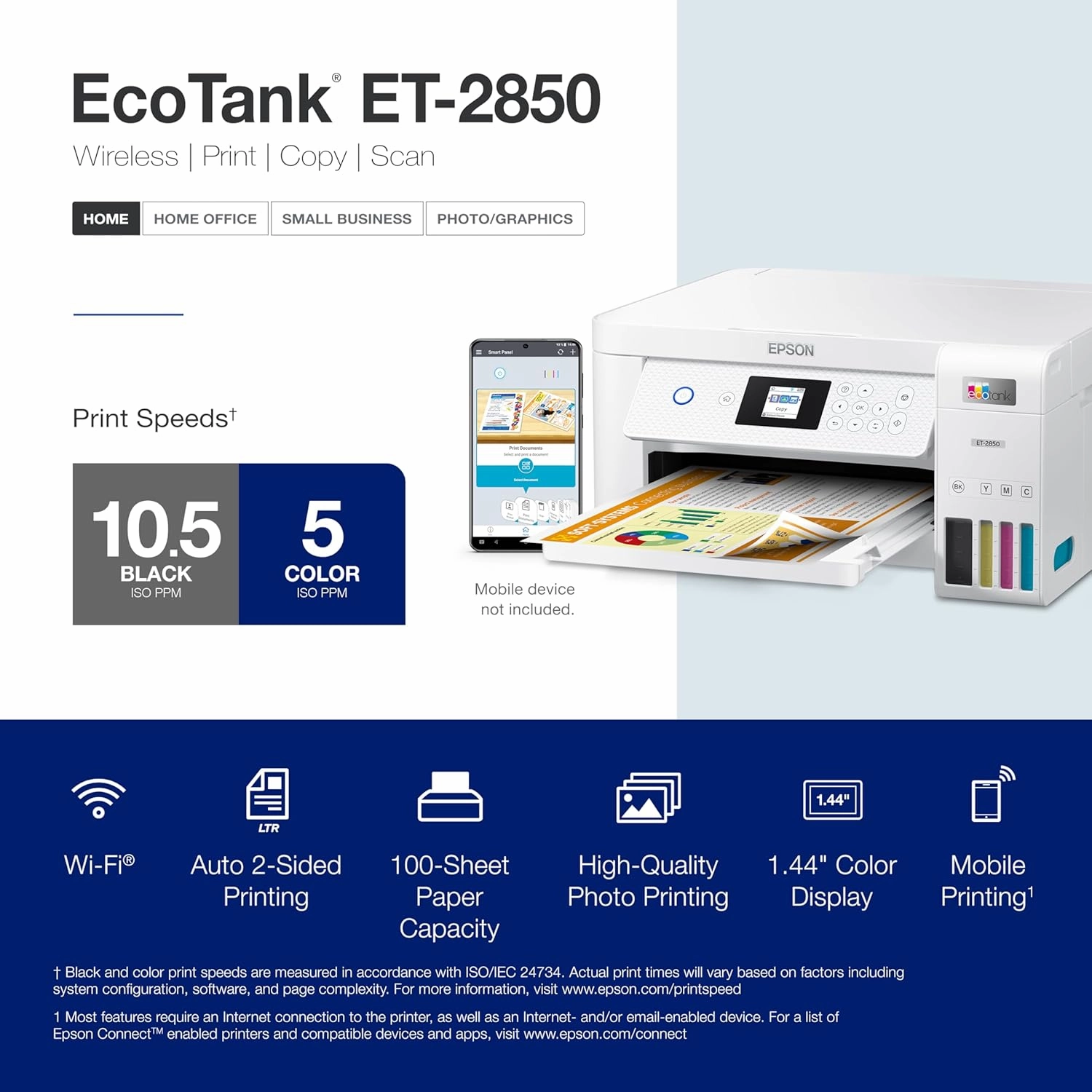 Epson EcoTank ET-2850 Wireless Color All-in-One Cartridge-Free Supertank Printer with Scan, Copy and Auto 2-sided Printing - White (Renewed)
