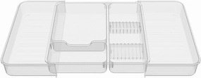 Expandable Drawer Organizer Tray from 11” to 19.1”, Adjustable Silverware in Drawer Holder, Clear Plastic Drawer Storage with Sliding Dividers for Utensil, Cosmetics, Toiletries, Offices