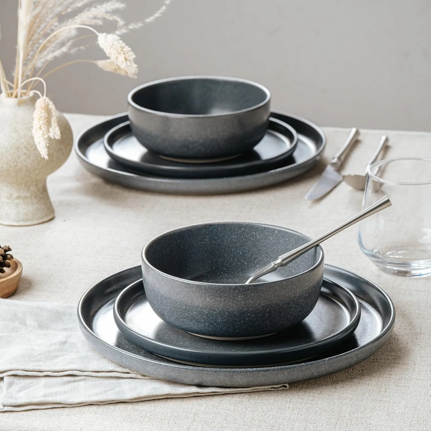 Famiware Milkyway Plates and Bowls Sets, 12 Pieces Dinnerware Sets, Reactive Glaze Dish Set, Stoneware Dishes Set for 4, Matte Dark Charcoal