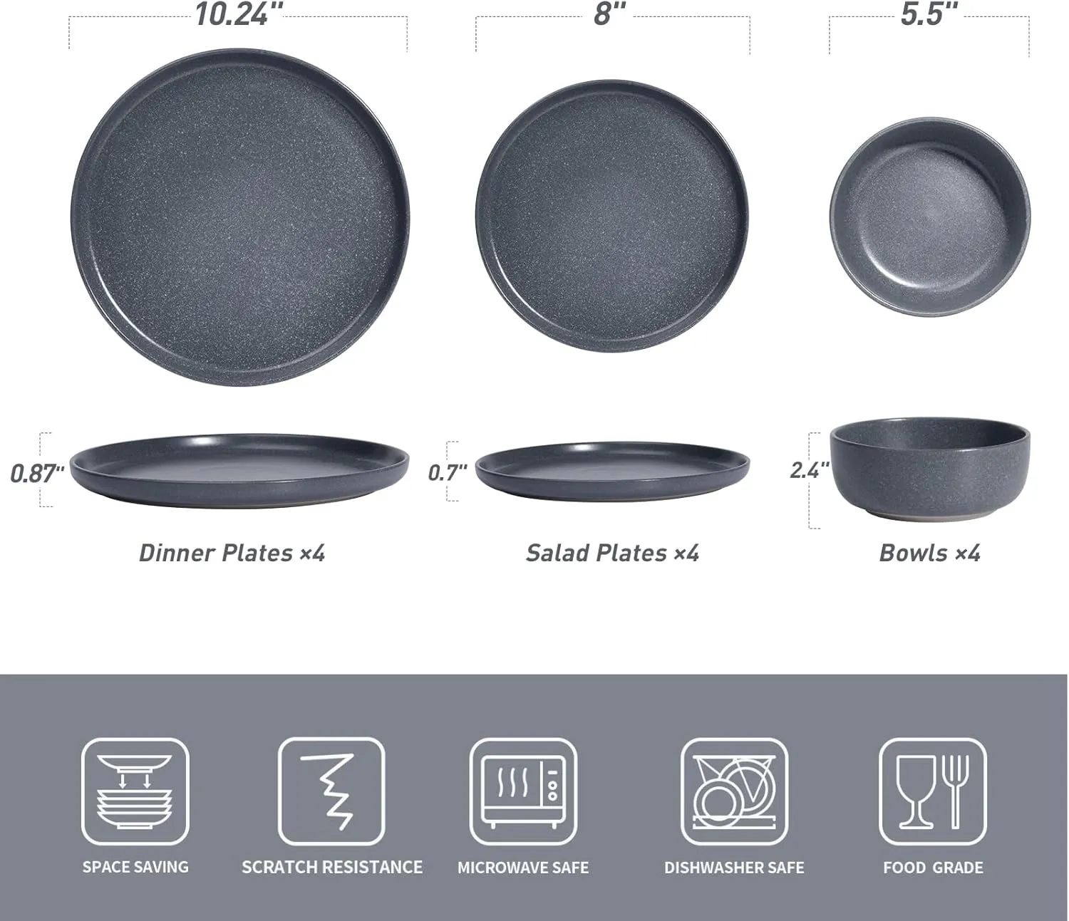 Famiware Milkyway Plates and Bowls Sets, 12 Pieces Dinnerware Sets, Reactive Glaze Dish Set, Stoneware Dishes Set for 4, Matte Dark Charcoal