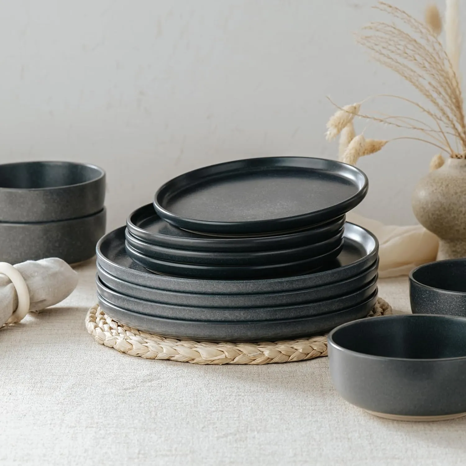 Famiware Milkyway Plates and Bowls Sets, 12 Pieces Dinnerware Sets, Reactive Glaze Dish Set, Stoneware Dishes Set for 4, Matte Dark Charcoal